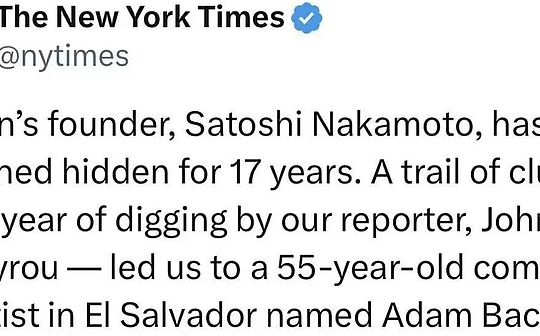 《纽约时报》错了 中本聪不是Adam Back 而是Finney